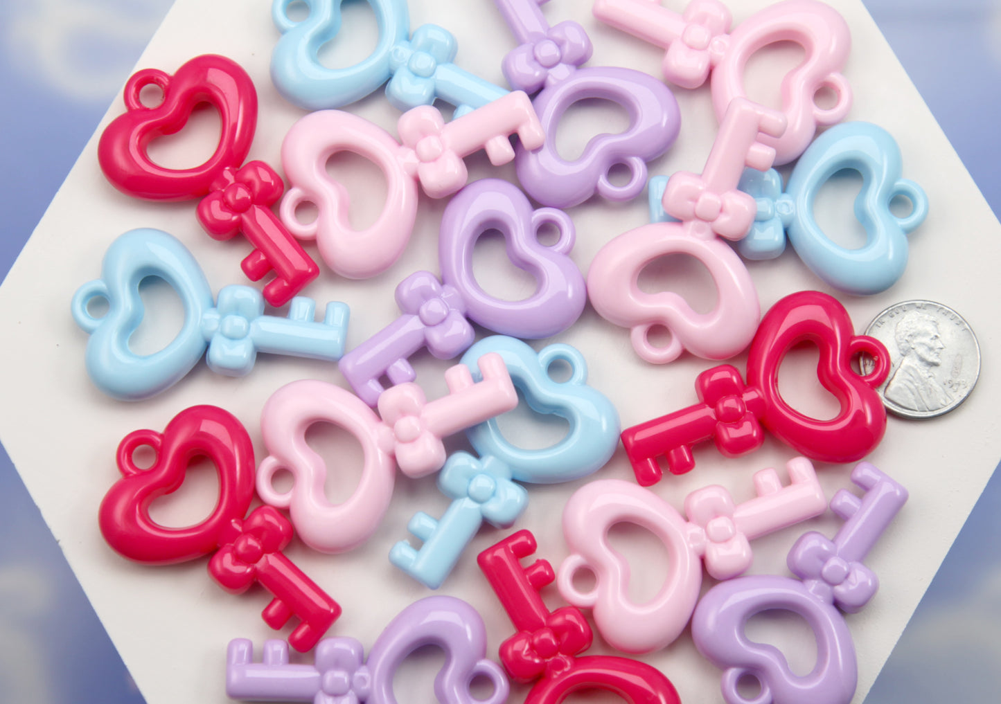 Big Heart Key Charms (8 pcs) Super Cute Chunky Key to my Heart Plastic or Acrylic Pendants
