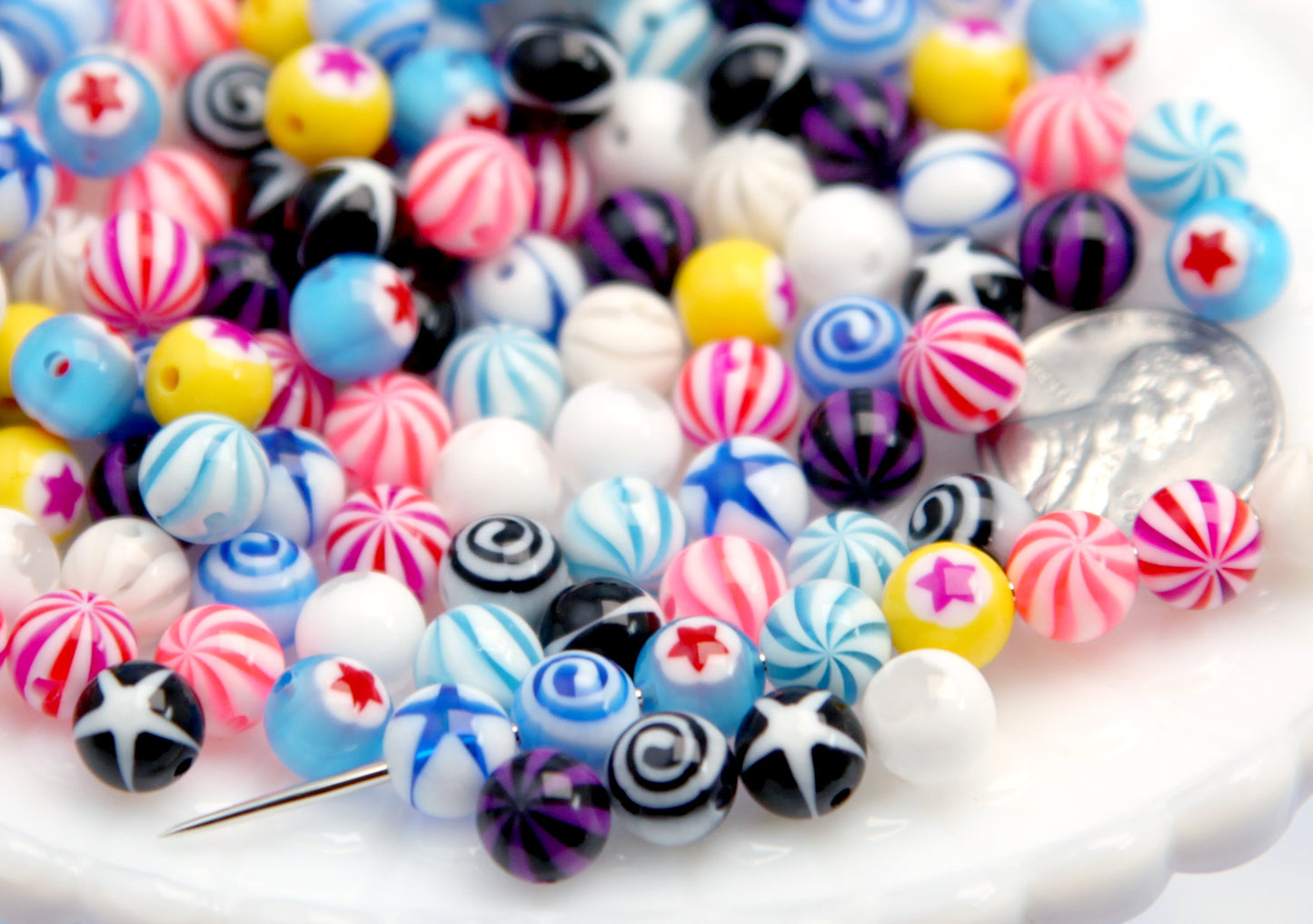 THROUGH HOLE Body Jewelry-style Beads V2 - 55 pieces - Tiny Super Detailed Acrylic Bead - 8mm Inlaid Star Spiral Acrylic or Resin Bead