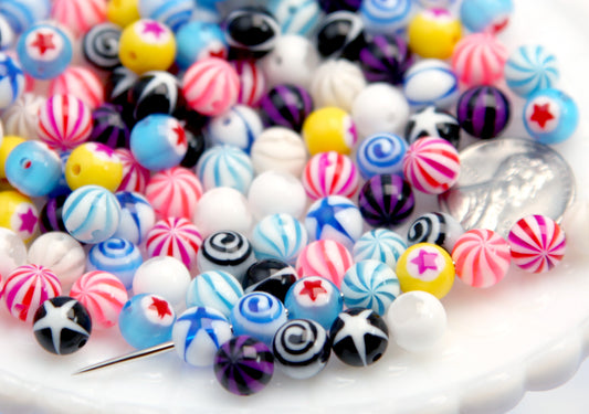 THROUGH HOLE Body Jewelry-style Beads V2 - 55 pieces - Tiny Super Detailed Acrylic Bead - 8mm Inlaid Star Spiral Acrylic or Resin Bead