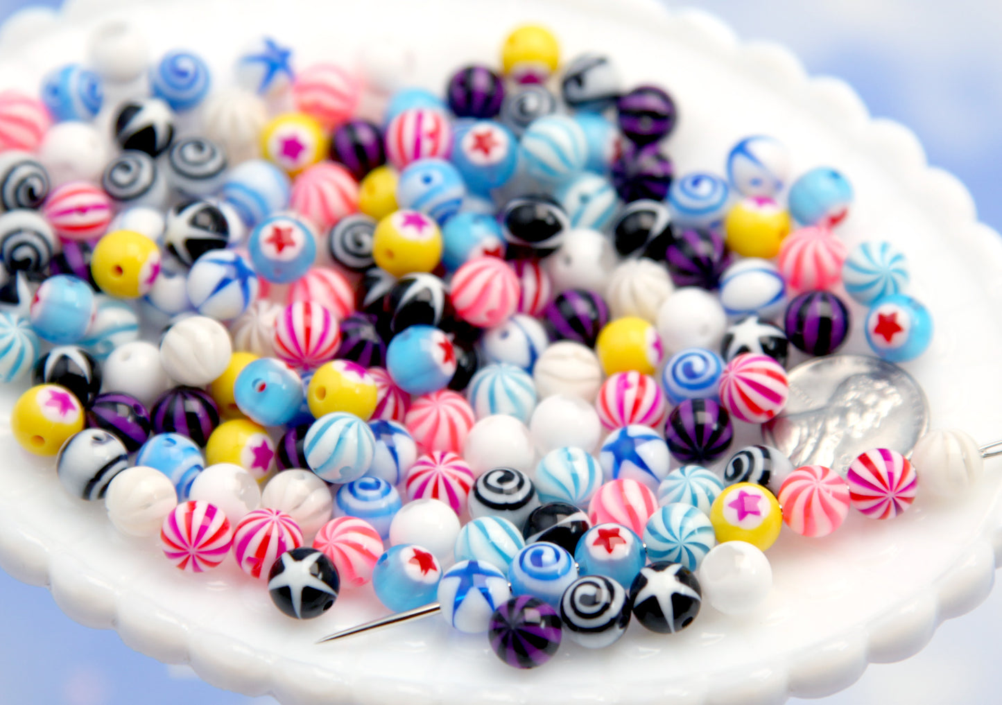 THROUGH HOLE Body Jewelry-style Beads V2 - 55 pieces - Tiny Super Detailed Acrylic Bead - 8mm Inlaid Star Spiral Acrylic or Resin Bead