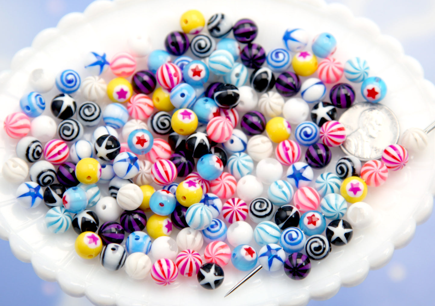 THROUGH HOLE Body Jewelry-style Beads V2 - 55 pieces - Tiny Super Detailed Acrylic Bead - 8mm Inlaid Star Spiral Acrylic or Resin Bead