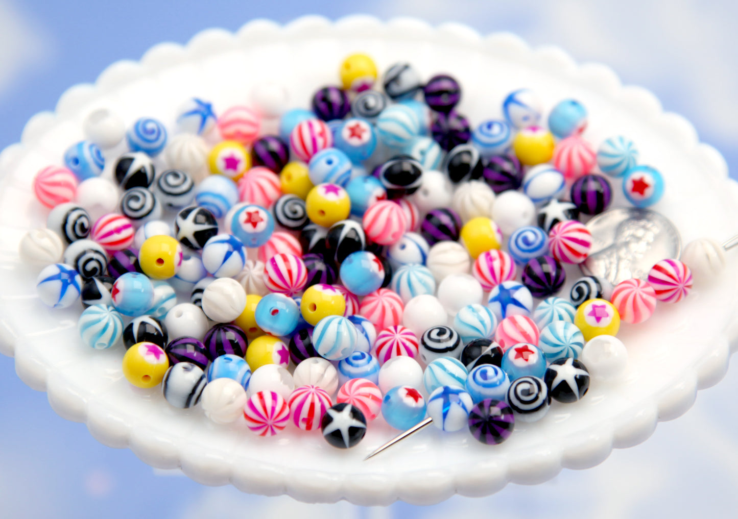 THROUGH HOLE Body Jewelry-style Beads V2 - 55 pieces - Tiny Super Detailed Acrylic Bead - 8mm Inlaid Star Spiral Acrylic or Resin Bead