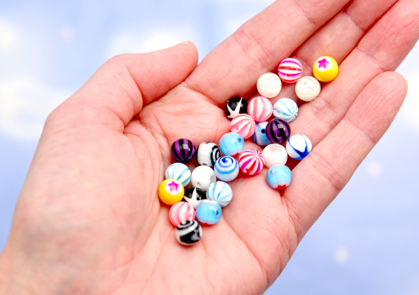 THROUGH HOLE Body Jewelry-style Beads V2 - 55 pieces - Tiny Super Detailed Acrylic Bead - 8mm Inlaid Star Spiral Acrylic or Resin Bead