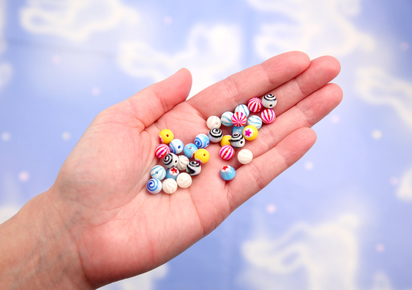 THROUGH HOLE Body Jewelry-style Beads - 49 pieces - Tiny Super Detailed Acrylic Bead - 8mm Vibrant Inlaid Star Spiral Acrylic or Resin Bead