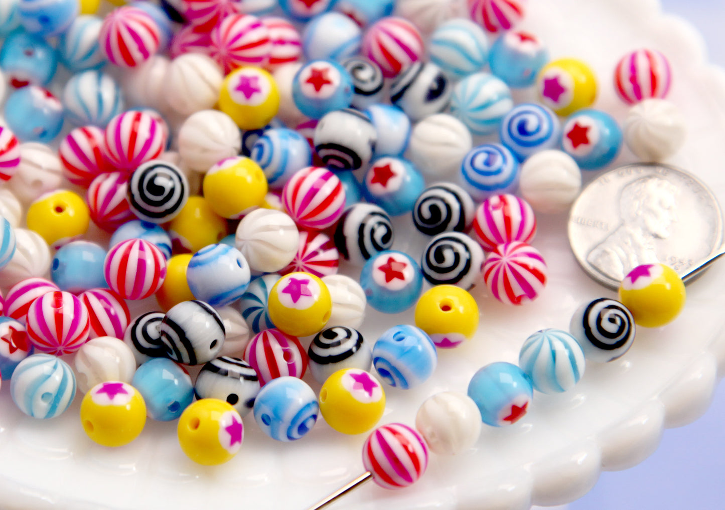 THROUGH HOLE Body Jewelry-style Beads - 49 pieces - Tiny Super Detailed Acrylic Bead - 8mm Vibrant Inlaid Star Spiral Acrylic or Resin Bead