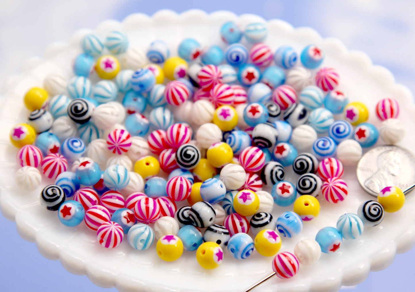 THROUGH HOLE Body Jewelry-style Beads - 49 pieces - Tiny Super Detailed Acrylic Bead - 8mm Vibrant Inlaid Star Spiral Acrylic or Resin Bead