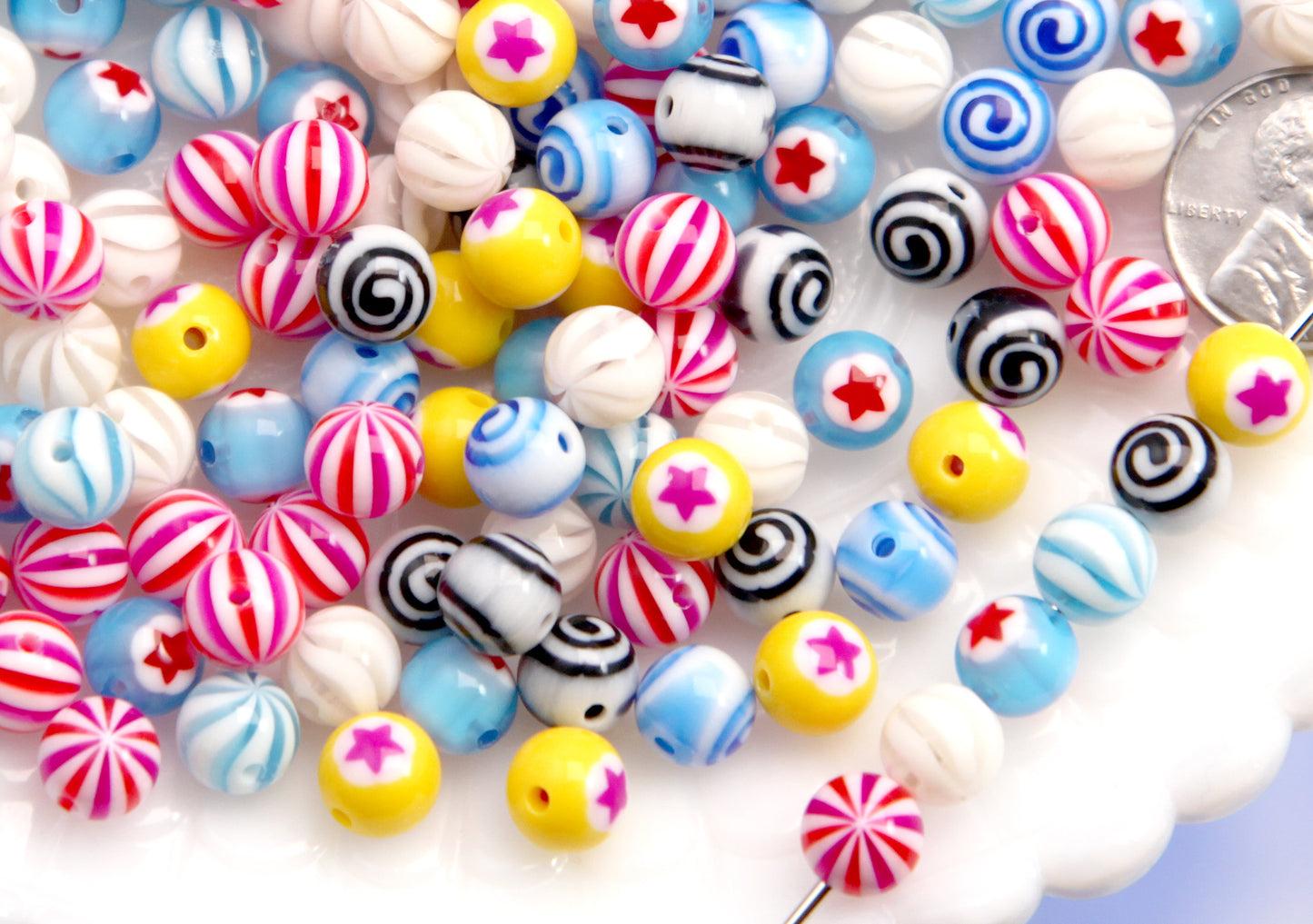 THROUGH HOLE Body Jewelry-style Beads - 49 pieces - Tiny Super Detailed Acrylic Bead - 8mm Vibrant Inlaid Star Spiral Acrylic or Resin Bead
