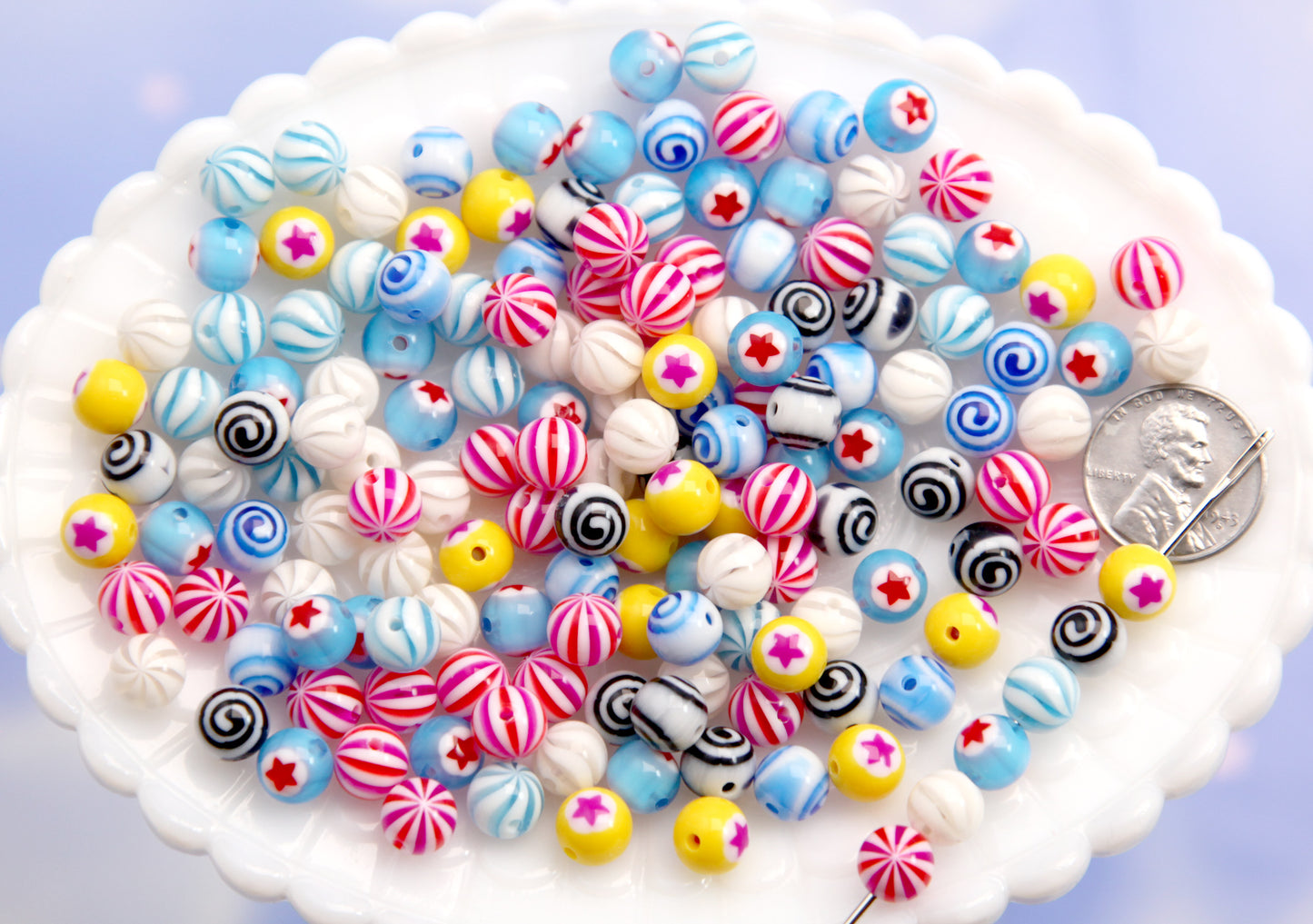 THROUGH HOLE Body Jewelry-style Beads - 49 pieces - Tiny Super Detailed Acrylic Bead - 8mm Vibrant Inlaid Star Spiral Acrylic or Resin Bead