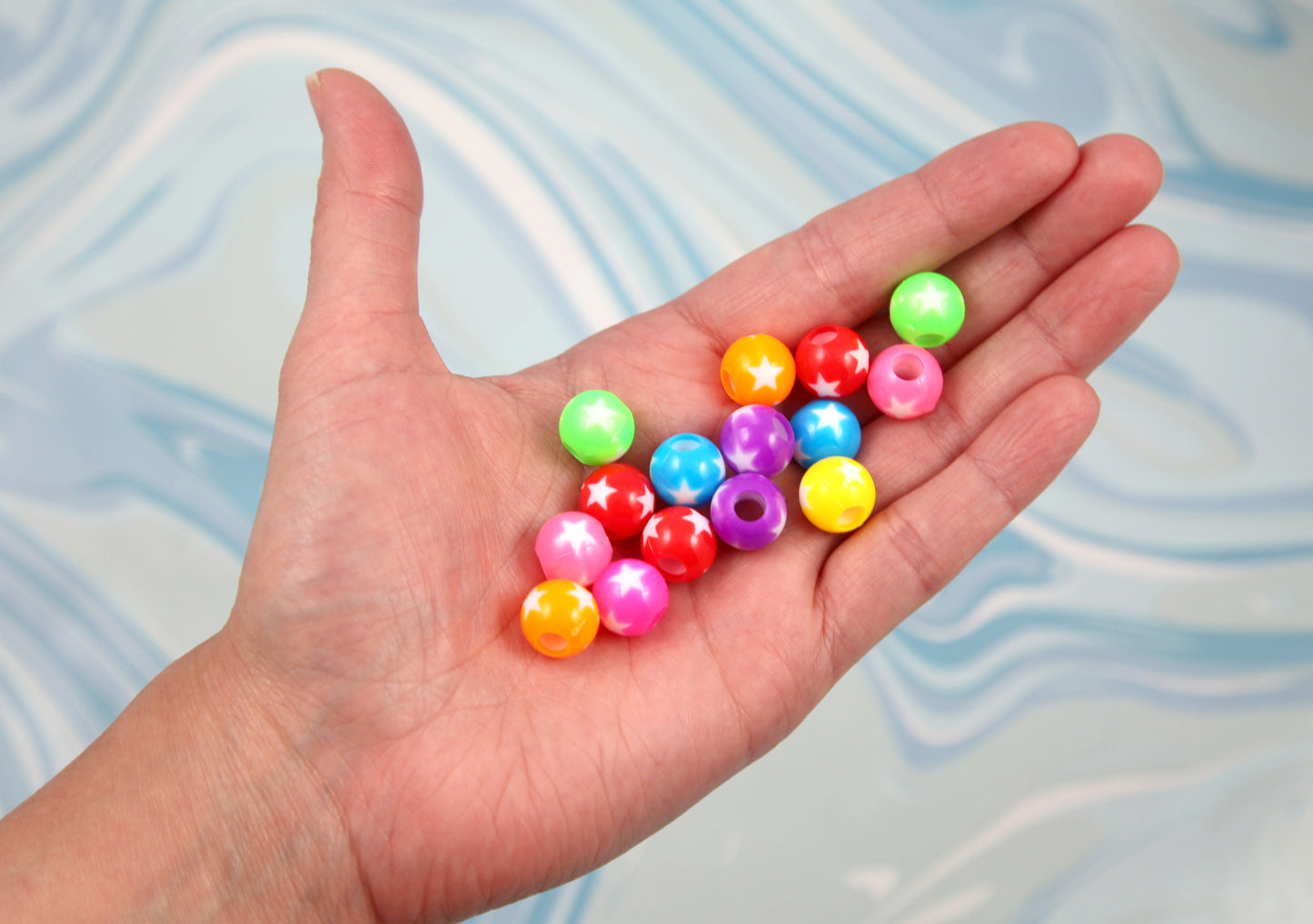 Bright Star Beads - 75 pieces - Large Hole Bead - 8mm Vibrant Inlaid Star Round Acrylic or Plastic Beads