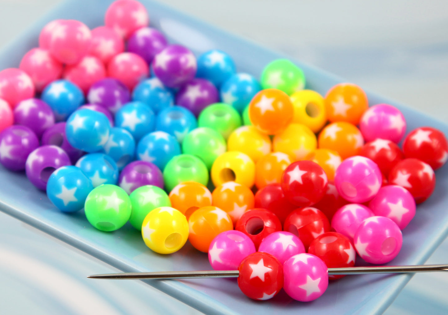 Bright Star Beads - 75 pieces - Large Hole Bead - 8mm Vibrant Inlaid Star Round Acrylic or Plastic Beads