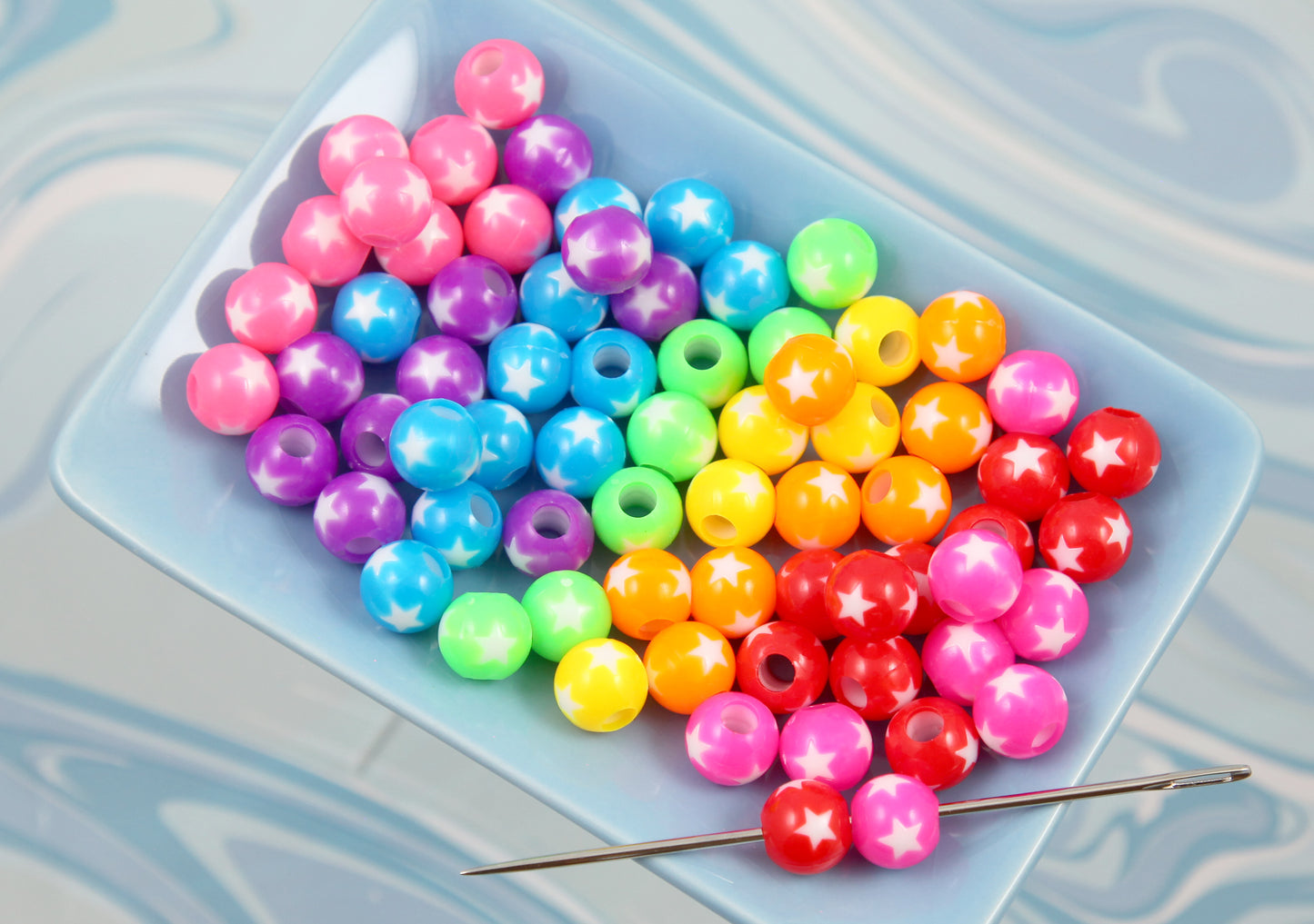 Bright Star Beads - 75 pieces - Large Hole Bead - 8mm Vibrant Inlaid Star Round Acrylic or Plastic Beads