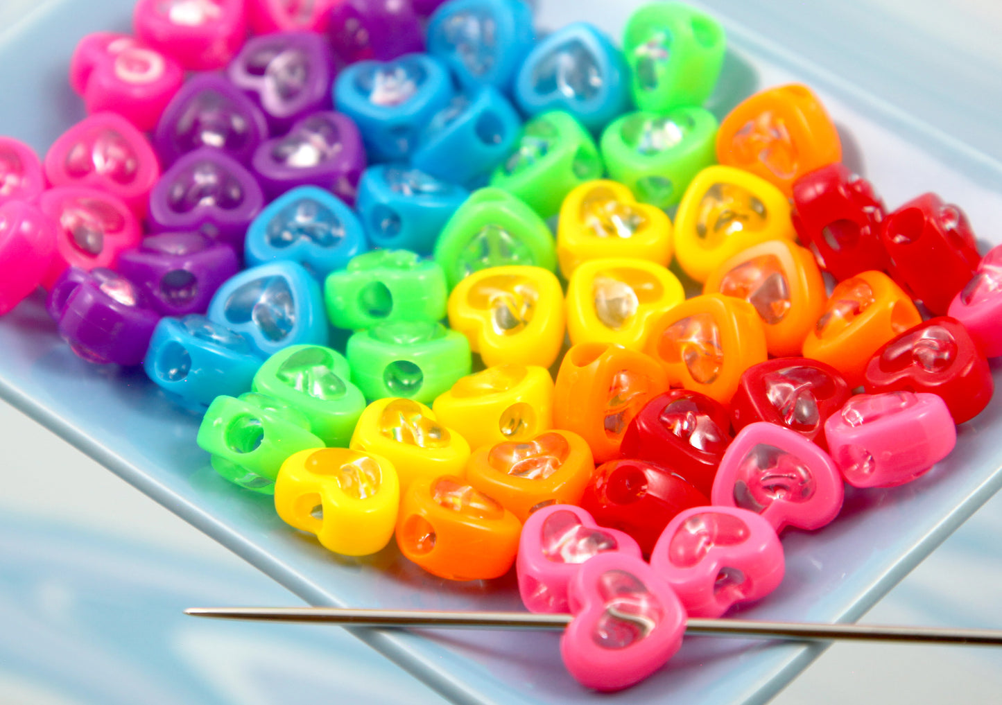 Super Bright Beads - 75 pieces - 14mm Heart Bead Two Tone Clear Center Acrylic Double Heart Beads - Resin Heart Beads - Plastic Heart Bea