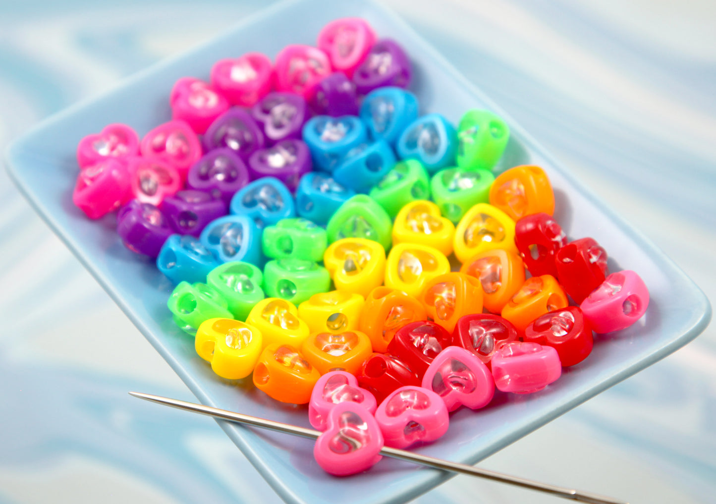 Super Bright Beads - 75 pieces - 14mm Heart Bead Two Tone Clear Center Acrylic Double Heart Beads - Resin Heart Beads - Plastic Heart Bea