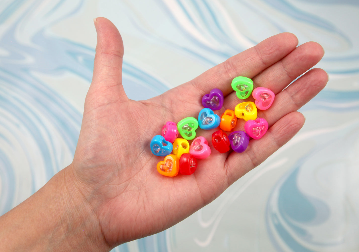 Super Bright Beads - 75 pieces - 14mm Heart Bead Two Tone Clear Center Acrylic Double Heart Beads - Resin Heart Beads - Plastic Heart Bea