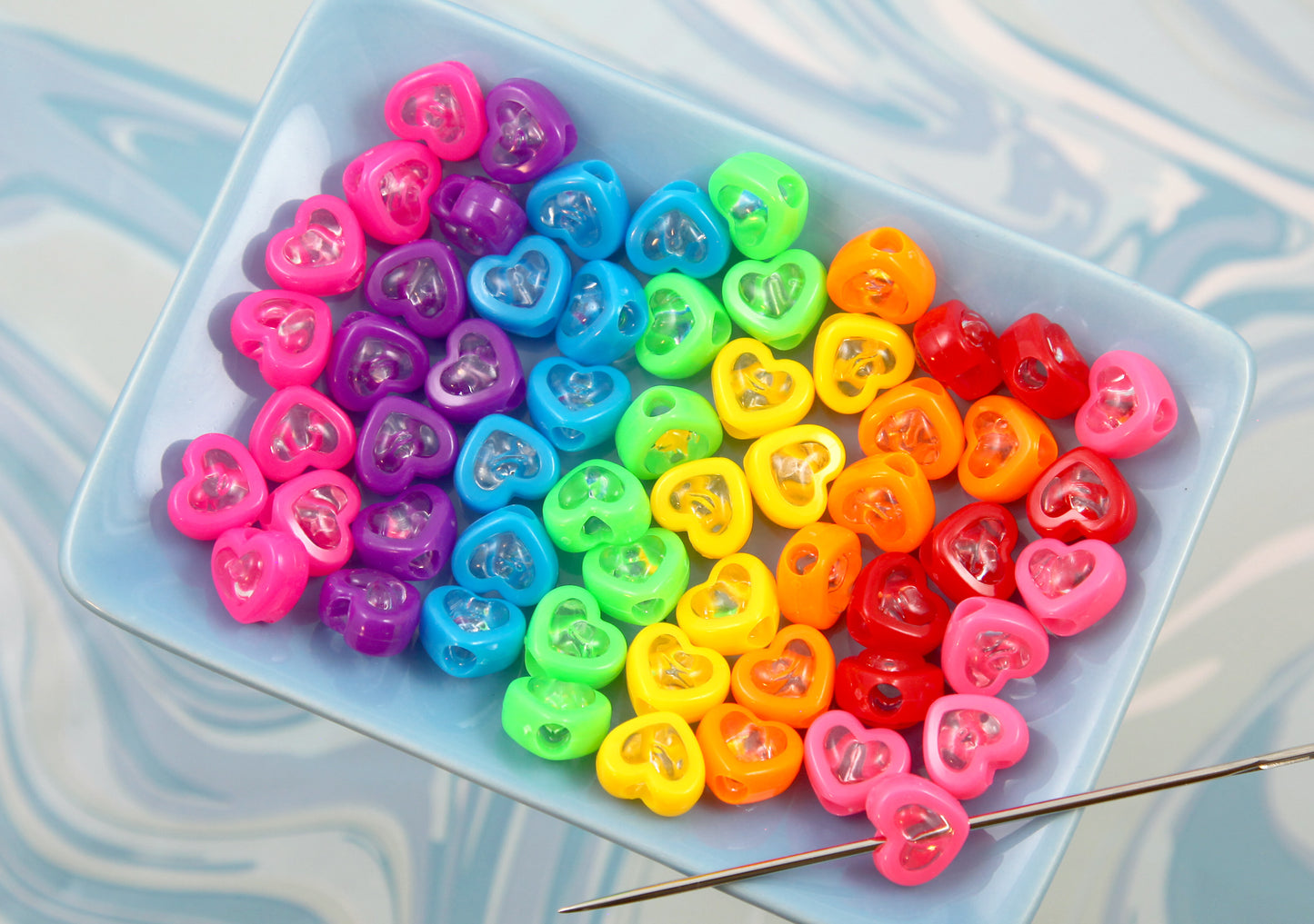 Super Bright Beads - 75 pieces - 14mm Heart Bead Two Tone Clear Center Acrylic Double Heart Beads - Resin Heart Beads - Plastic Heart Bea