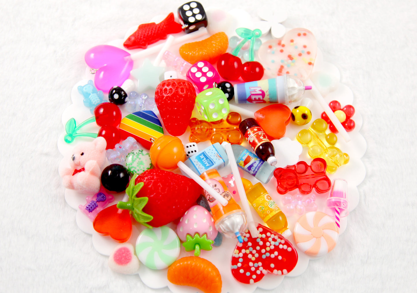 Candy Grab Bag - 50 pcs Cute Mixed Lot of Plastic Charms, Flatbacks and Beads - for kandi, ispy, sensory crafts, jewelry making