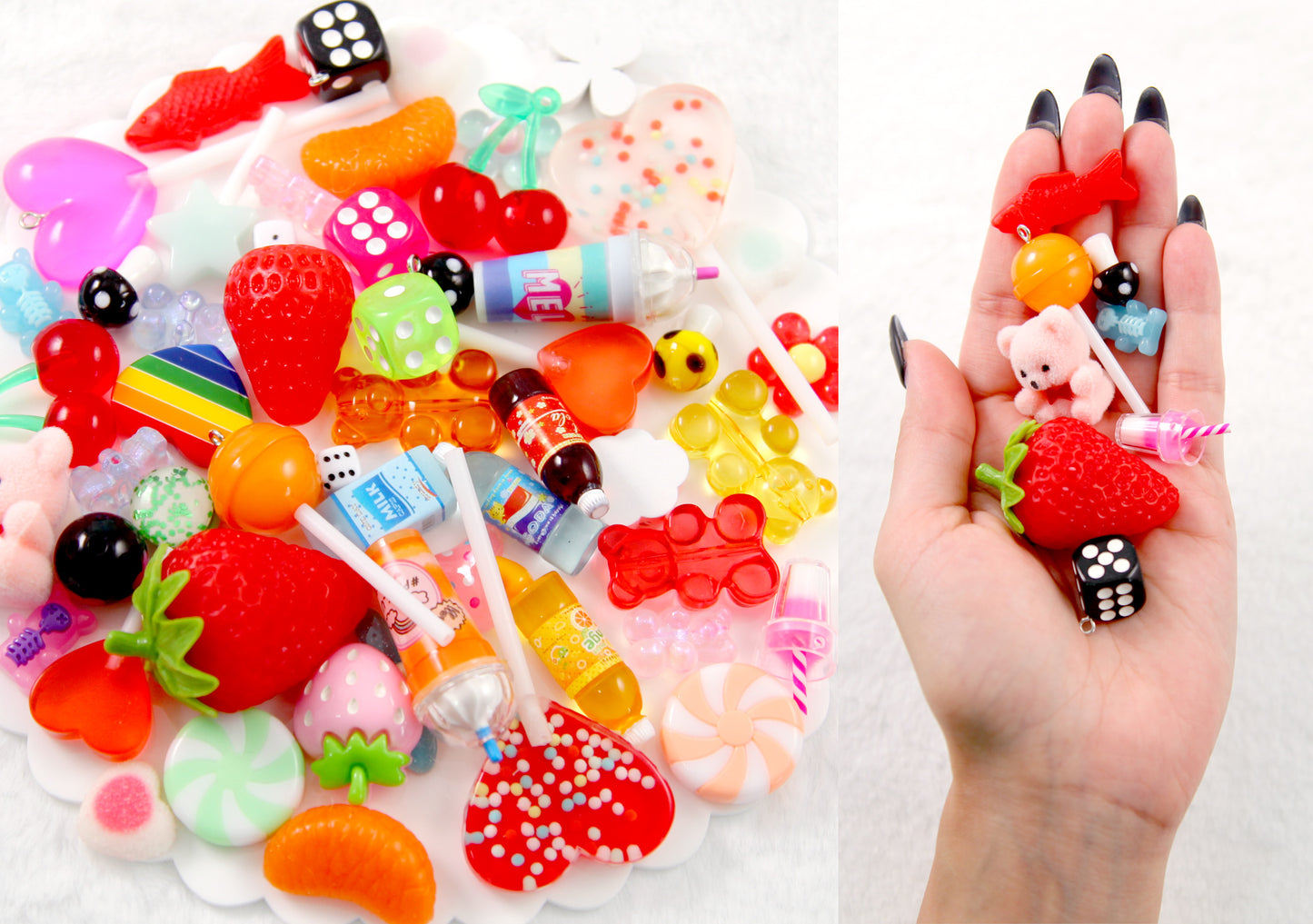 Candy Grab Bag - 50 pcs Cute Mixed Lot of Plastic Charms, Flatbacks and Beads - for kandi, ispy, sensory crafts, jewelry making