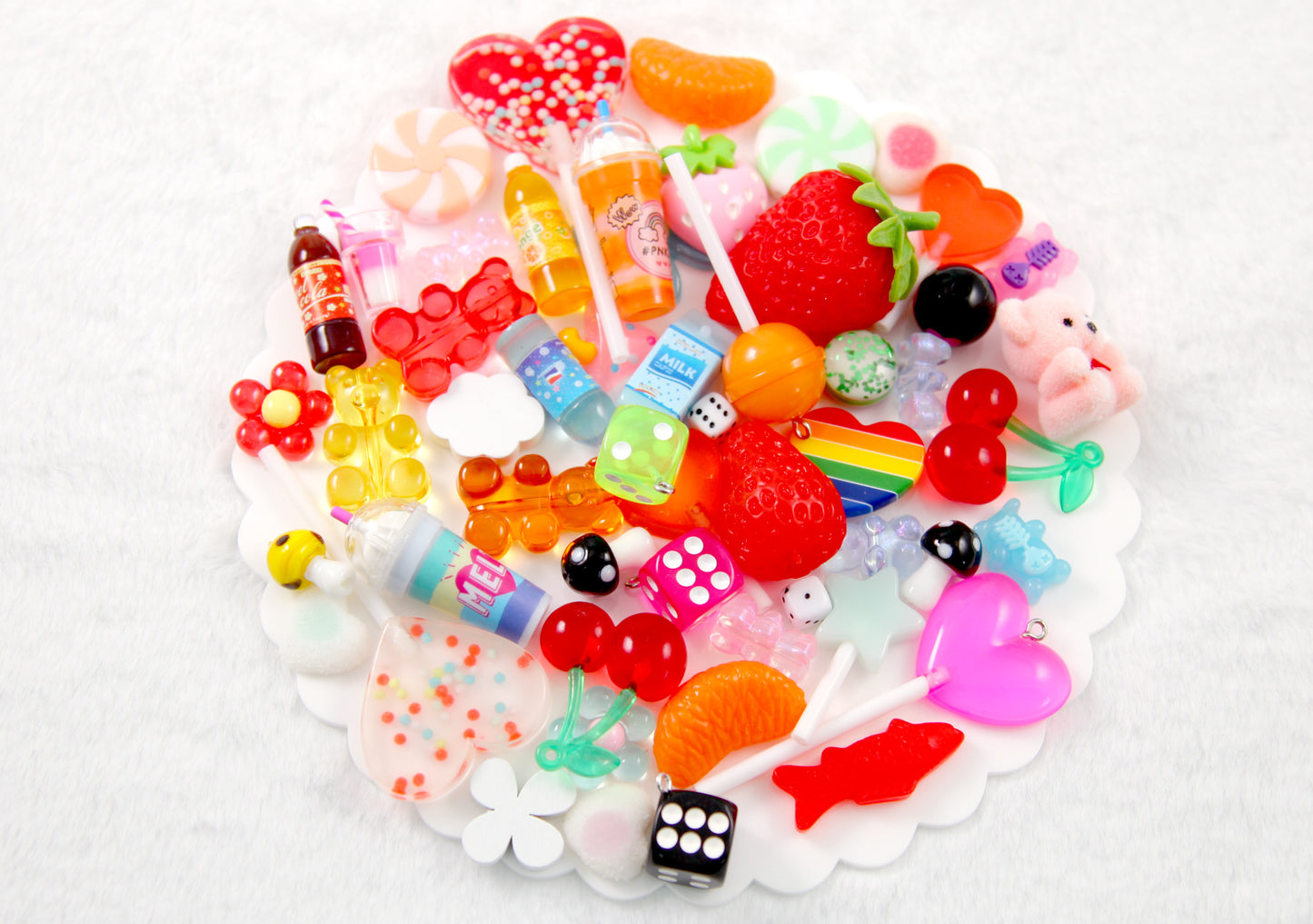 Candy Grab Bag - 50 pcs Cute Mixed Lot of Plastic Charms, Flatbacks and Beads - for kandi, ispy, sensory crafts, jewelry making