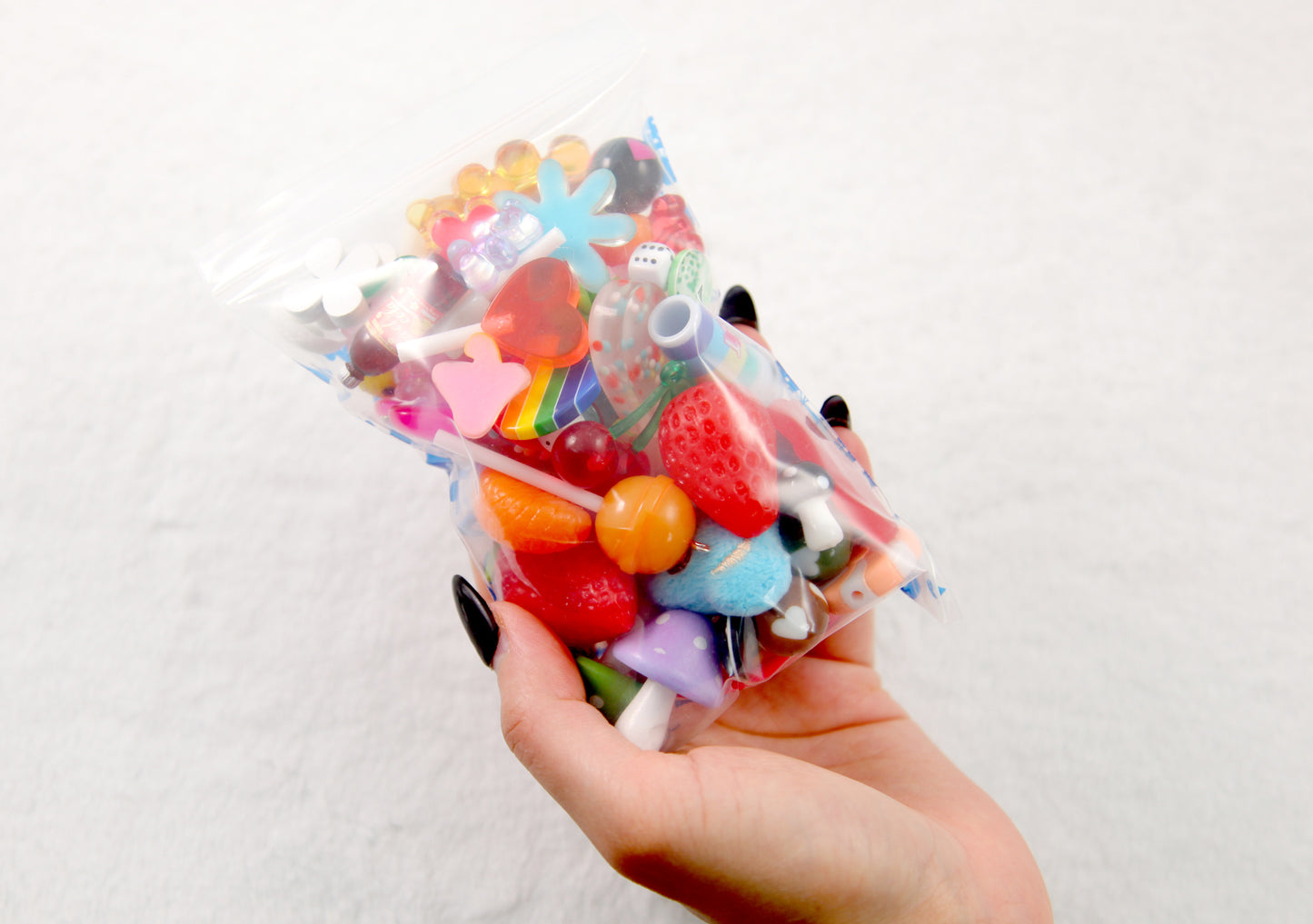 Candy Grab Bag - 50 pcs Cute Mixed Lot of Plastic Charms, Flatbacks and Beads - for kandi, ispy, sensory crafts, jewelry making