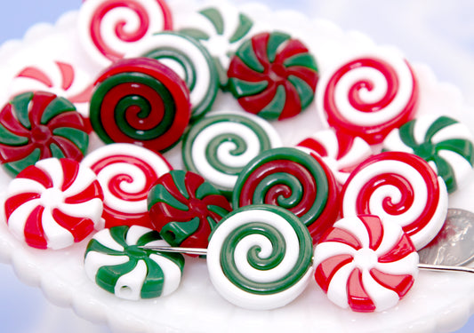 Christmas Candy Beads - 12 pieces - 23mm Peppermint Swirl Beads Red and Green Holiday Candy Shape Chunky Acrylic or Resin Beads