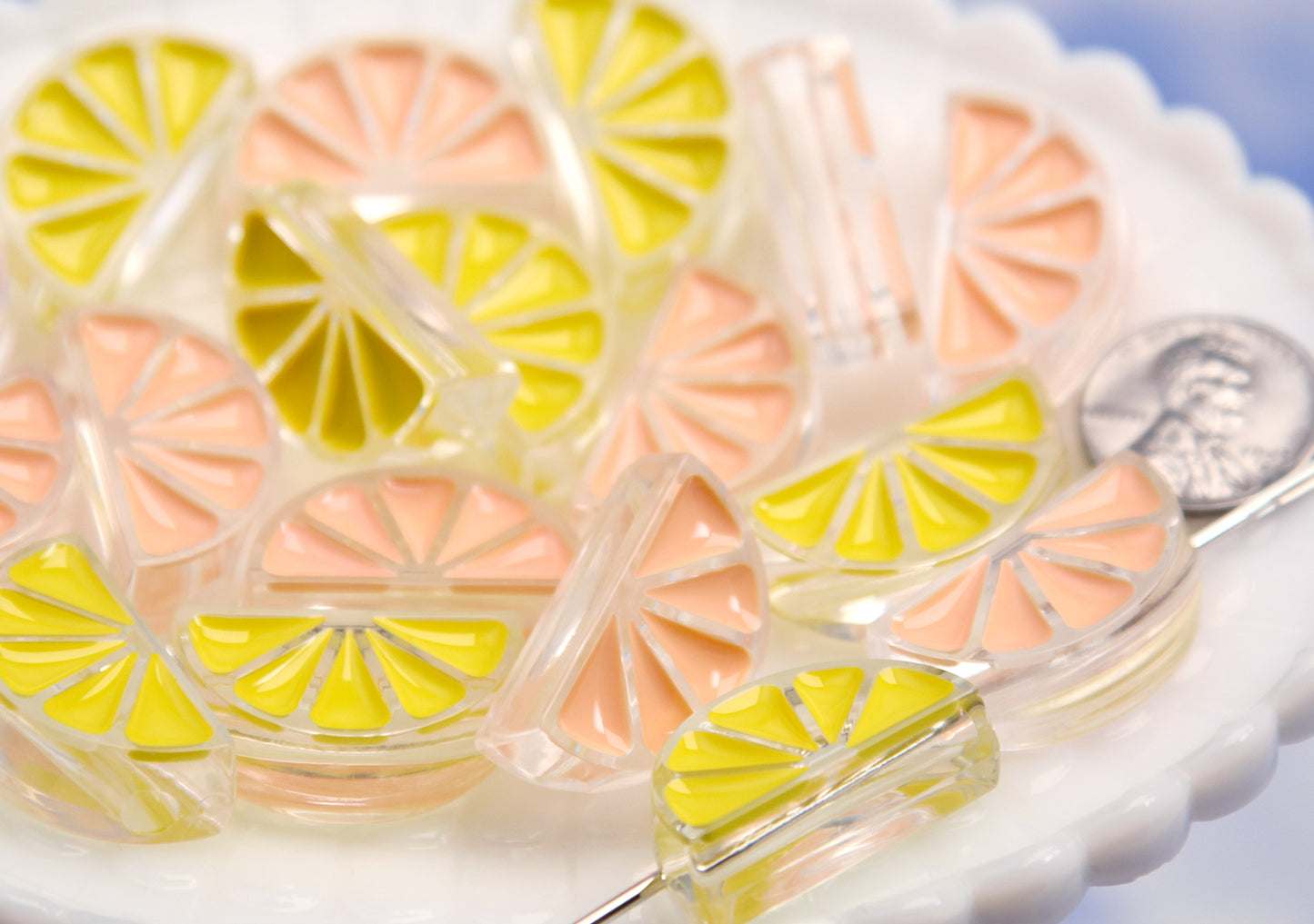 Citrus Slice Beads - 27mm Orange and Lemon Fruit Slices Citrus Fruit Beads Enamel Style Acrylic or Resin Beads (10 pieces)