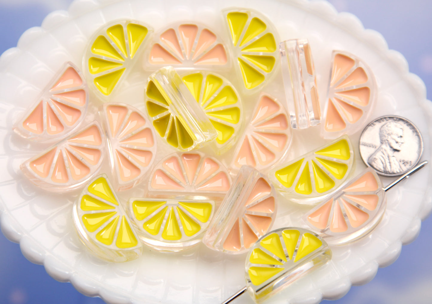 Citrus Slice Beads - 27mm Orange and Lemon Fruit Slices Citrus Fruit Beads Enamel Style Acrylic or Resin Beads (10 pieces)