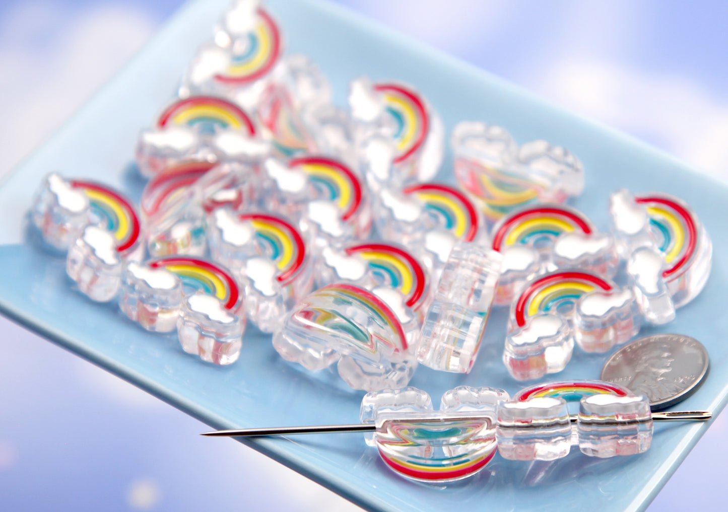 Rainbow Beads - 26mm Cute Rainbow and Clouds Enamel Style Acrylic Beads or Resin Beads (10 pieces)