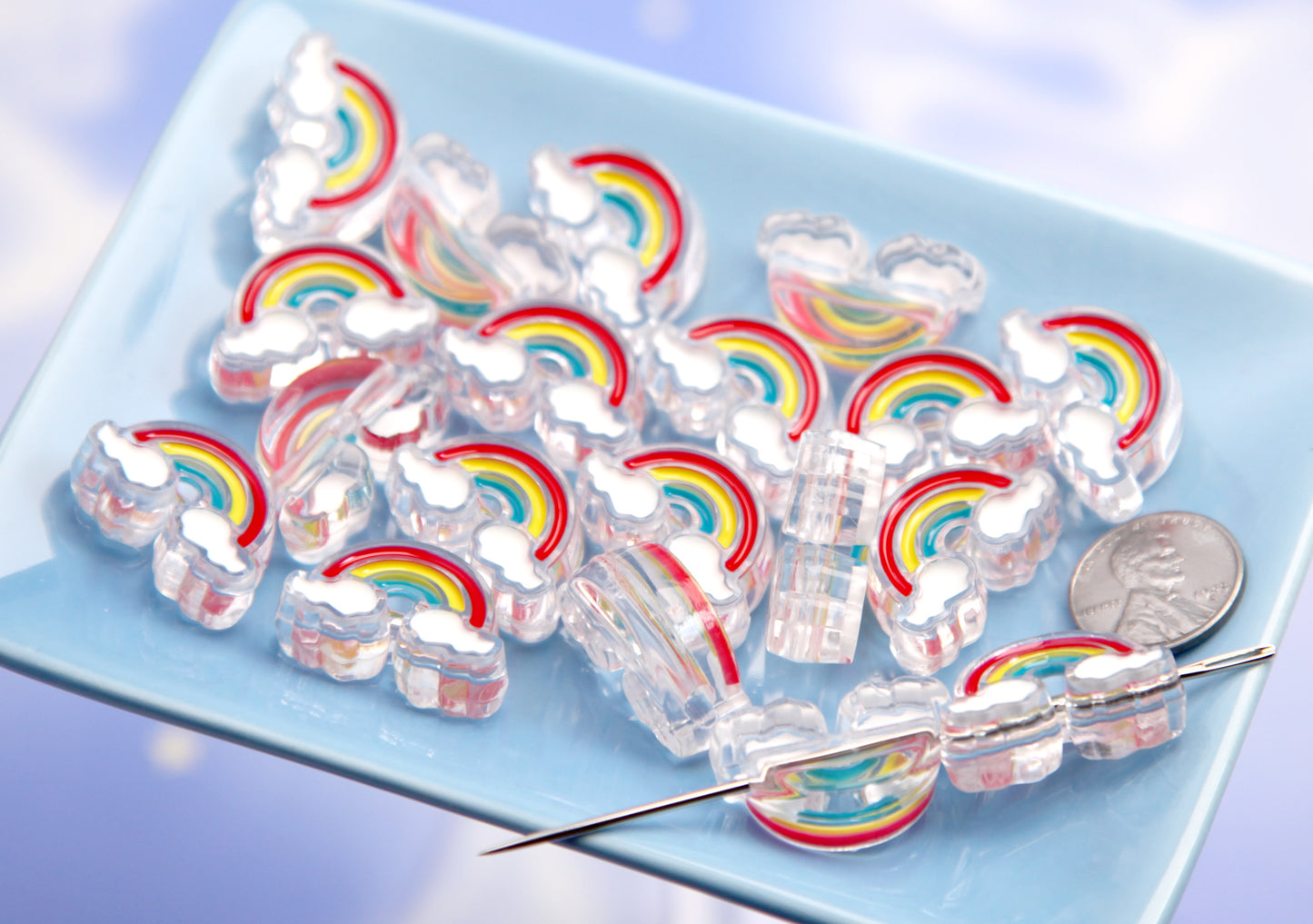 Rainbow Beads - 26mm Cute Rainbow and Clouds Enamel Style Acrylic Beads or Resin Beads (10 pieces)