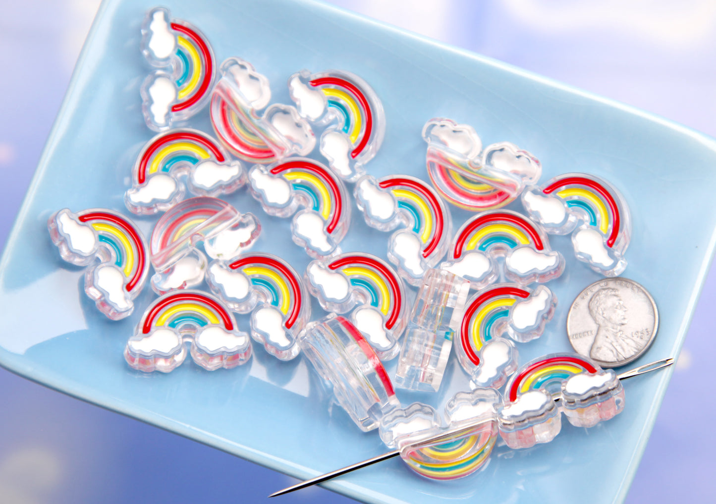Rainbow Beads - 26mm Cute Rainbow and Clouds Enamel Style Acrylic Beads or Resin Beads (10 pieces)