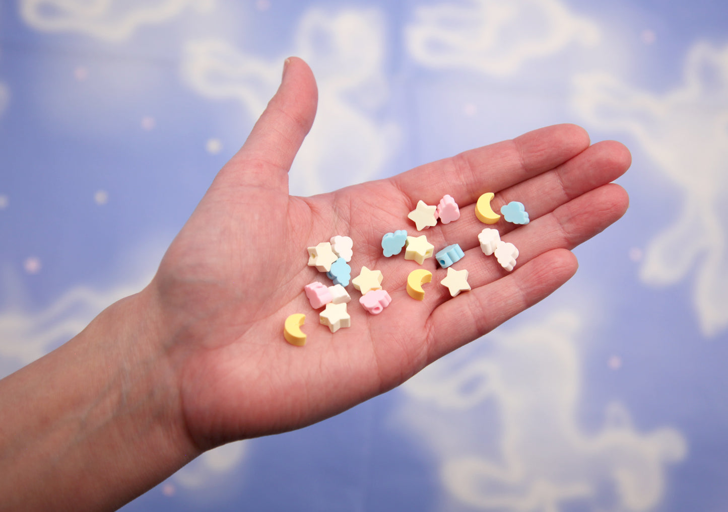 Small Celestial Beads - 100 pieces - 10mm Moons Clouds and Stars Super Cute Pastel Fimo Polymer Clay Beads
