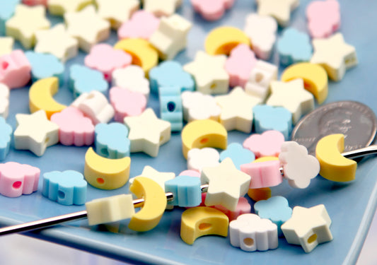 Small Celestial Beads - 100 pieces - 10mm Moons Clouds and Stars Super Cute Pastel Fimo Polymer Clay Beads