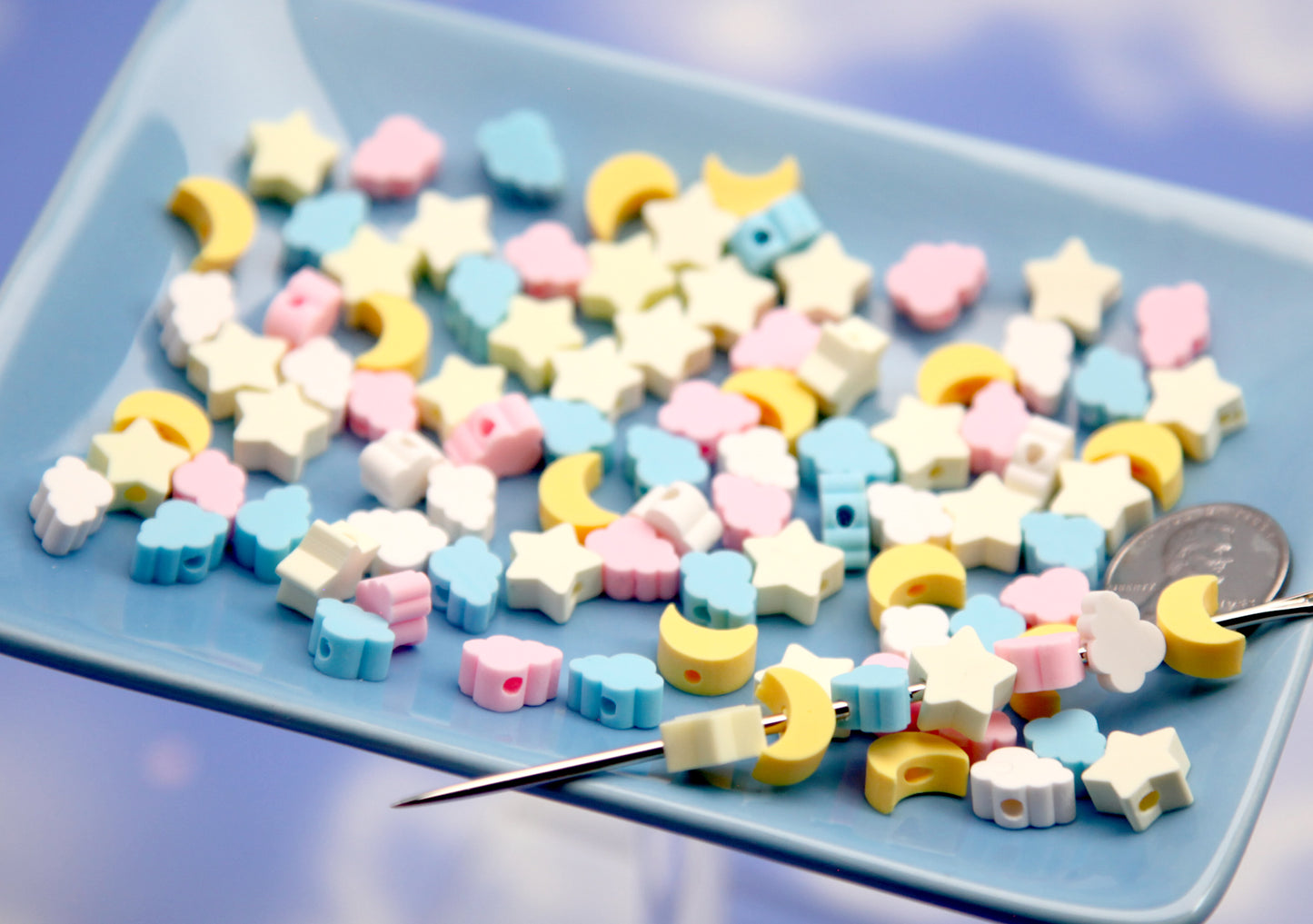 Small Celestial Beads - 100 pieces - 10mm Moons Clouds and Stars Super Cute Pastel Fimo Polymer Clay Beads
