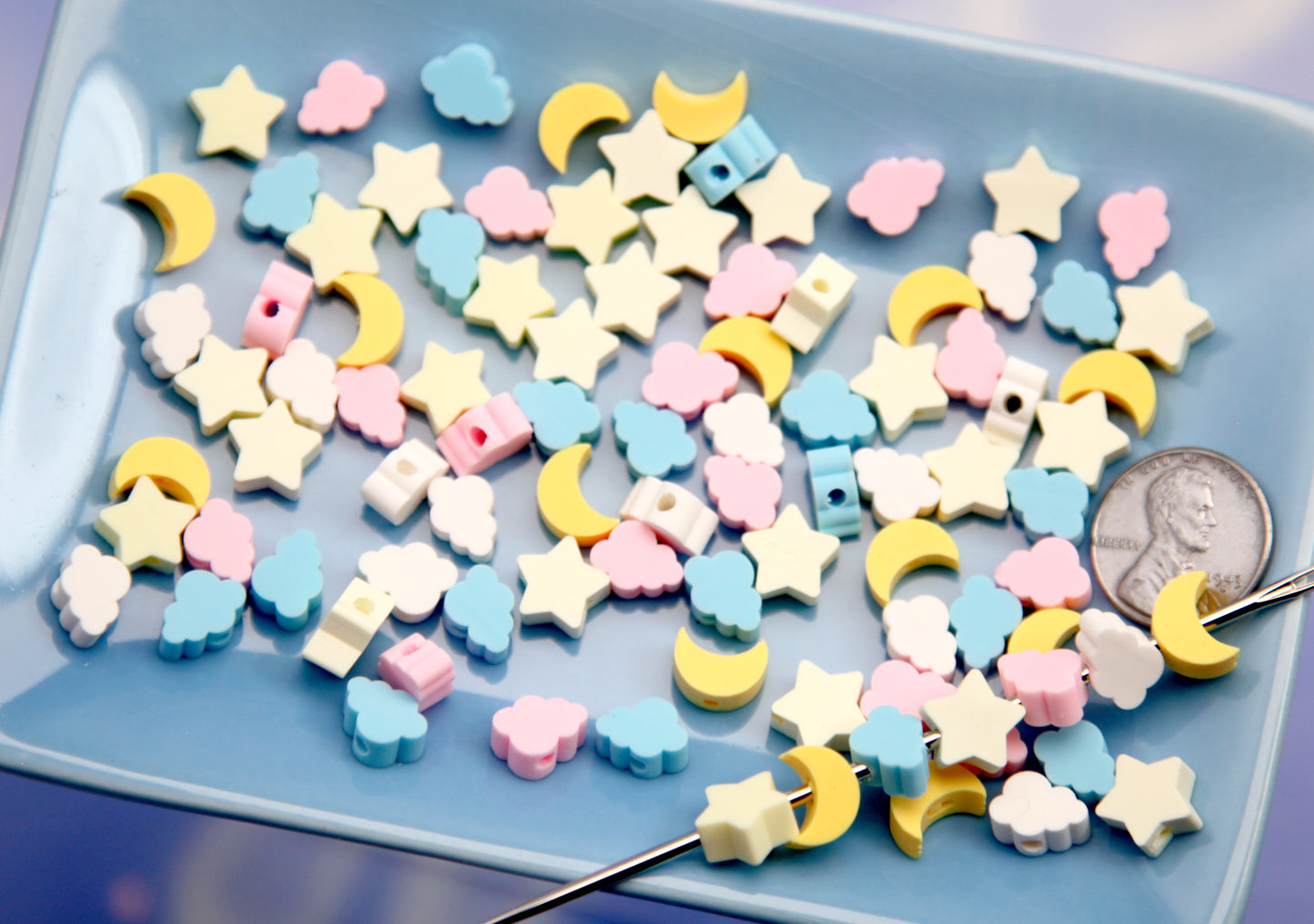 Small Celestial Beads - 100 pieces - 10mm Moons Clouds and Stars Super Cute Pastel Fimo Polymer Clay Beads