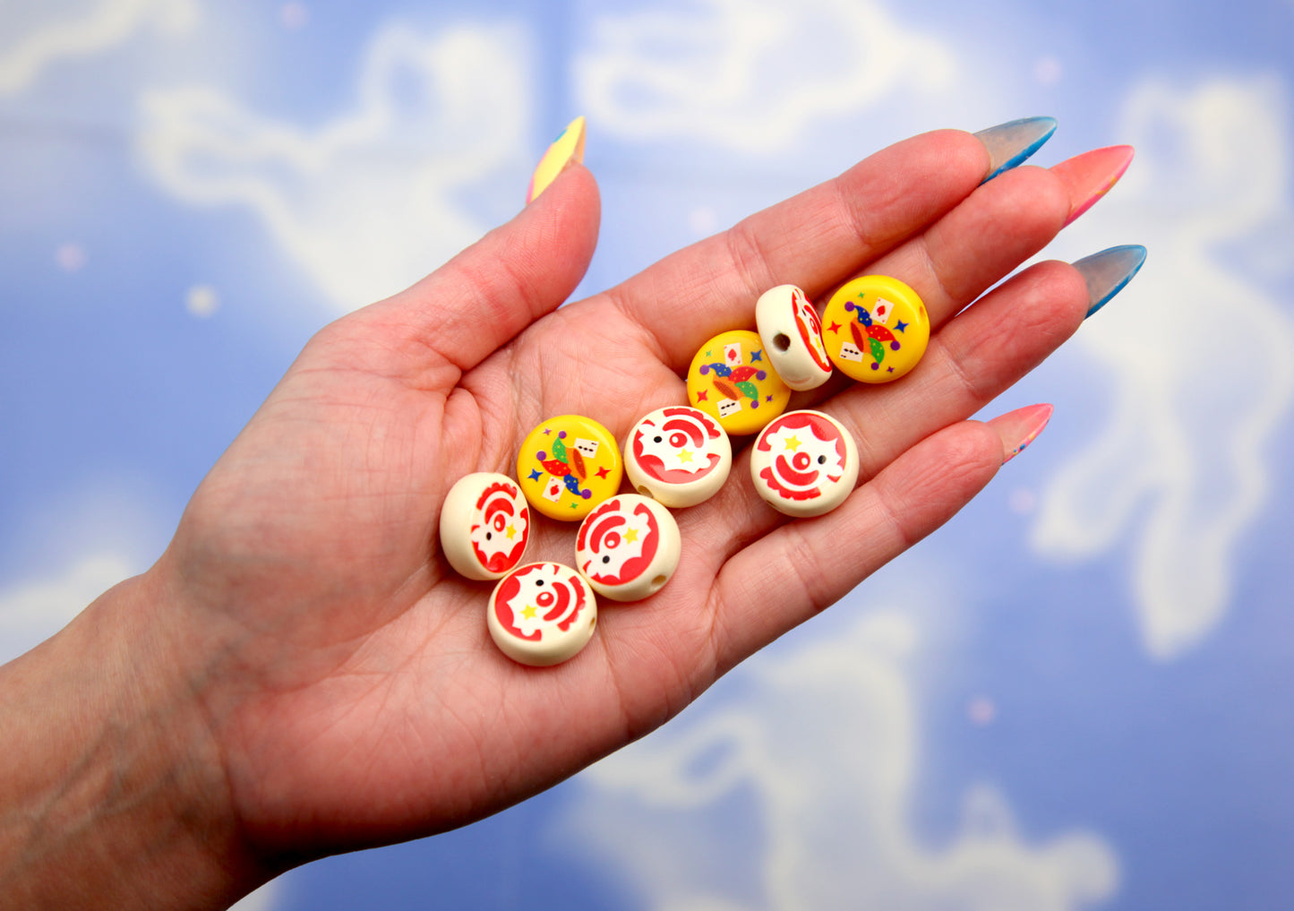 Cute Clown Beads - 6 pieces - 20mm Flat Coin Shape Clowns and Jester Hat Acrylic or Resin Beads