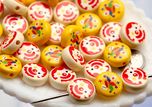 Cute Clown Beads - 6 pieces - 20mm Flat Coin Shape Clowns and Jester Hat Acrylic or Resin Beads