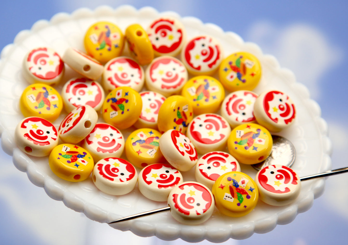 Cute Clown Beads - 6 pieces - 20mm Flat Coin Shape Clowns and Jester Hat Acrylic or Resin Beads