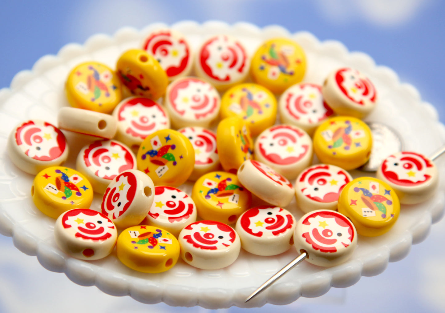 Cute Clown Beads - 6 pieces - 20mm Flat Coin Shape Clowns and Jester Hat Acrylic or Resin Beads