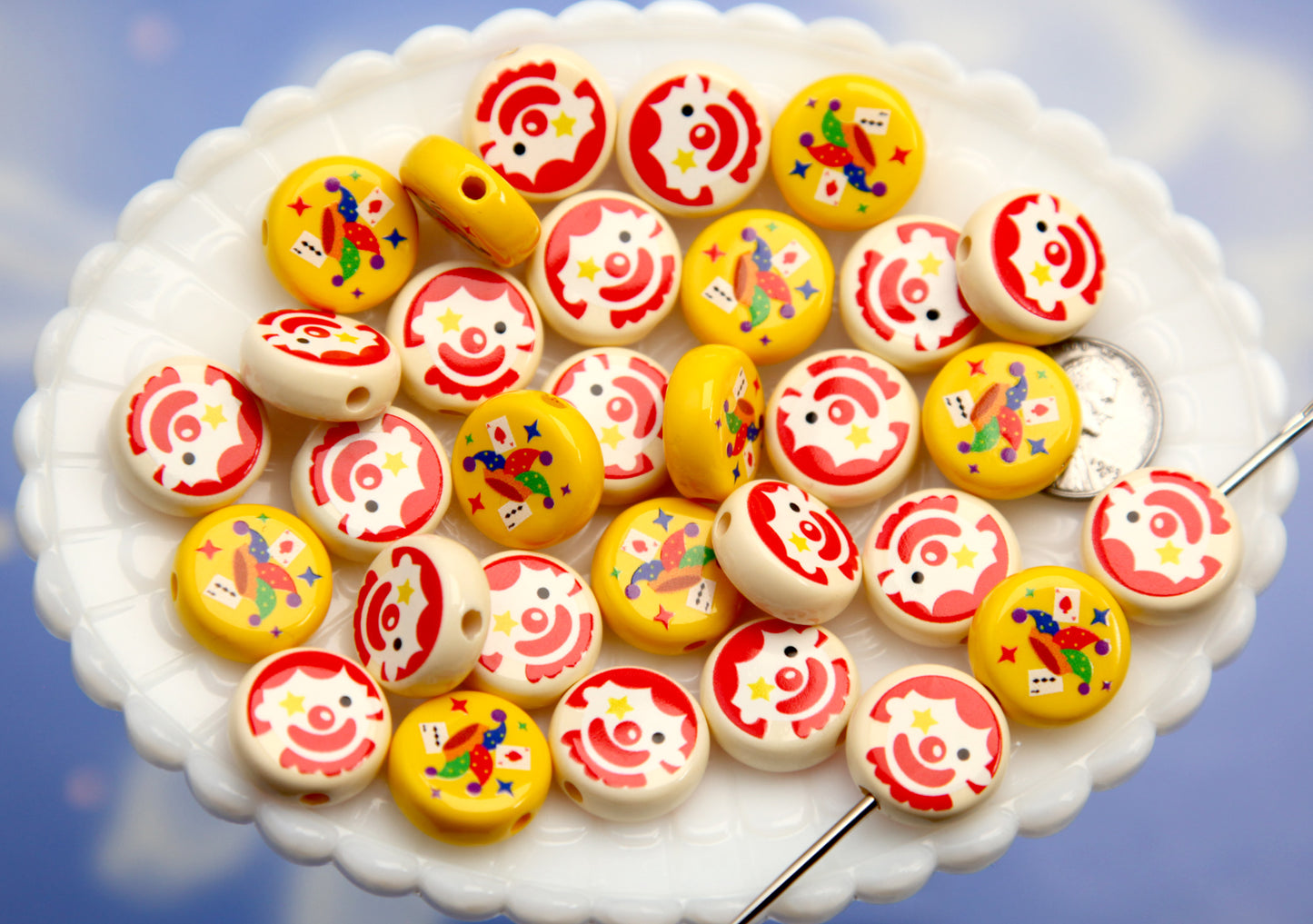 Cute Clown Beads - 6 pieces - 20mm Flat Coin Shape Clowns and Jester Hat Acrylic or Resin Beads