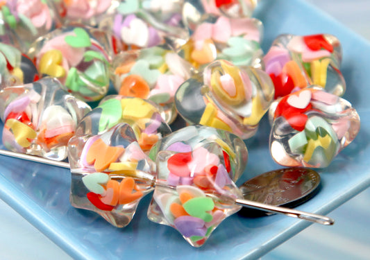 Confetti Beads - 22mm Super Cute Clear with Tiny Heart Confetti Acrylic Star Beads - Colorful Resin Star Beads (6 pieces)
