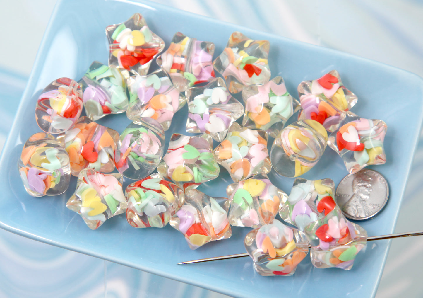 Confetti Beads - 22mm Super Cute Clear with Tiny Heart Confetti Acrylic Star Beads - Colorful Resin Star Beads (6 pieces)