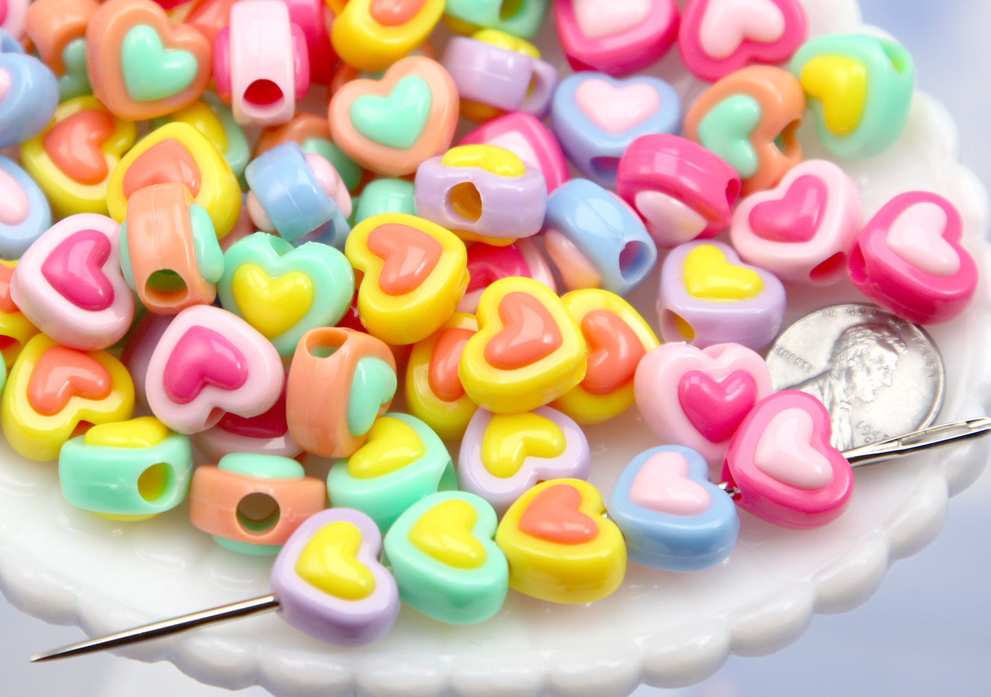 Bright Pastel Beads (30 pcs) 14mm Double Layer Heart Bead Two Tone Plastic or Acrylic Beads