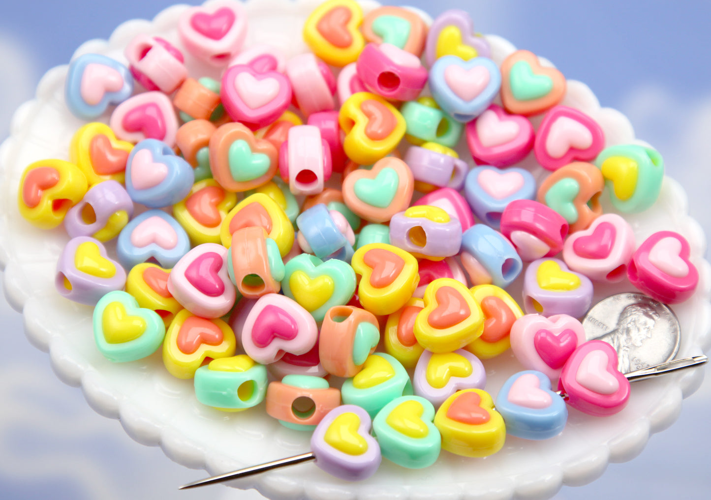 Bright Pastel Beads (30 pcs) 14mm Double Layer Heart Bead Two Tone Plastic or Acrylic Beads