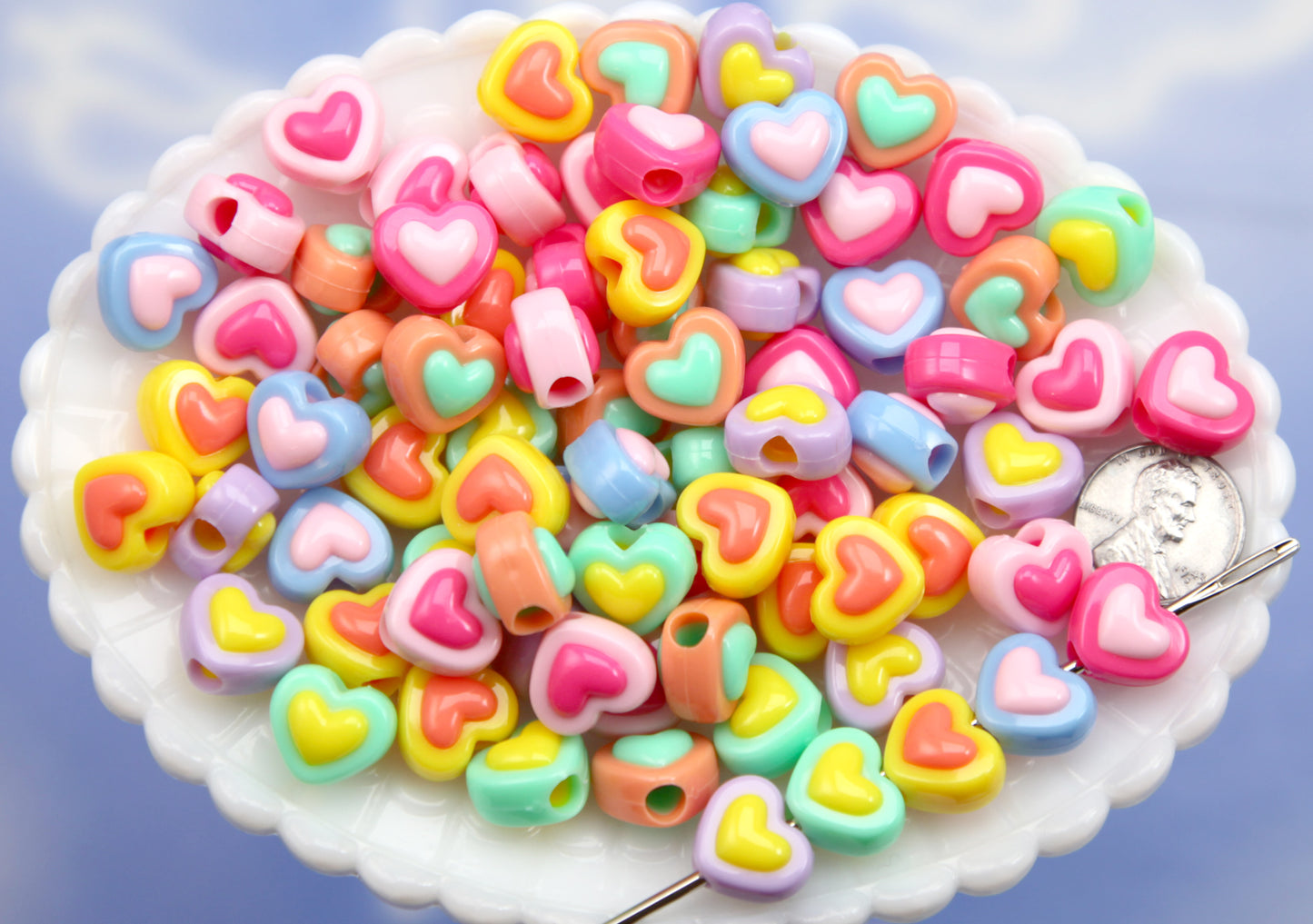 Bright Pastel Beads (30 pcs) 14mm Double Layer Heart Bead Two Tone Plastic or Acrylic Beads
