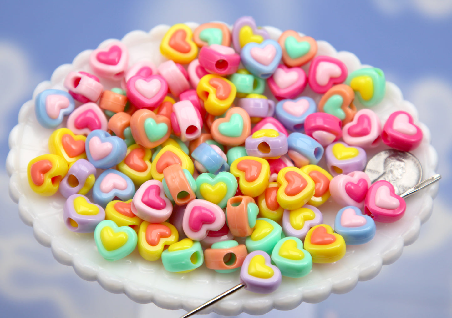 Bright Pastel Beads (30 pcs) 14mm Double Layer Heart Bead Two Tone Plastic or Acrylic Beads