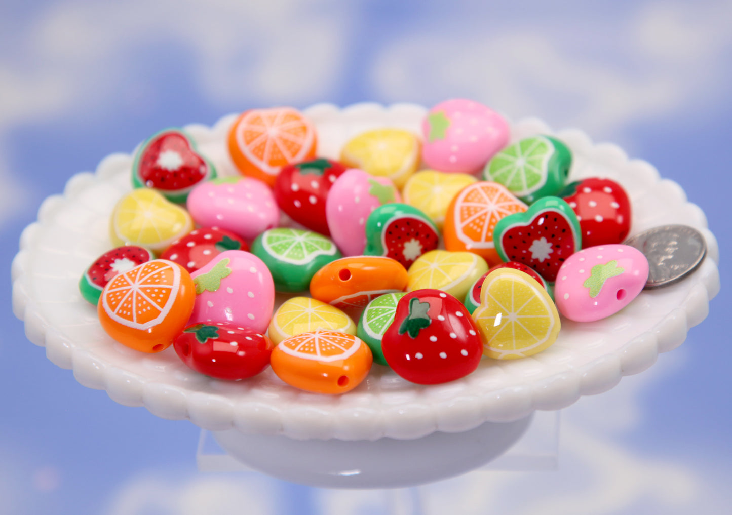 Fruit Beads - Mixed Fruit Salad Acrylic Beads - 20mm Fruit Slices Citrus Fruity Beads Acrylic or Resin Beads (12 pieces)
