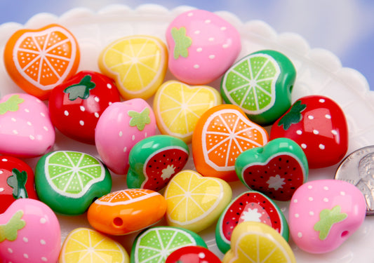 Fruit Beads - Mixed Fruit Salad Acrylic Beads - 20mm Fruit Slices Citrus Fruity Beads Acrylic or Resin Beads (12 pieces)