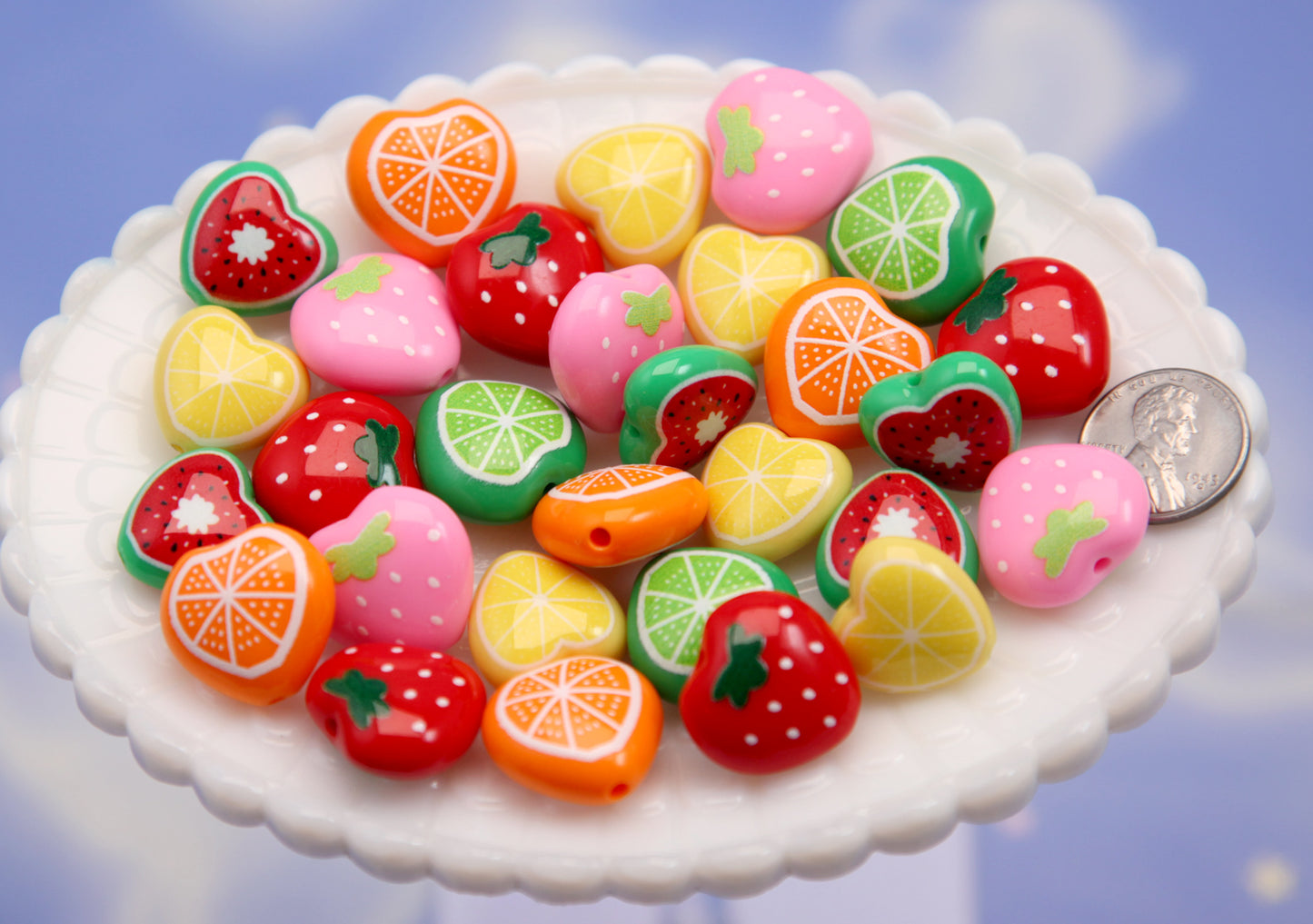 Fruit Beads - Mixed Fruit Salad Acrylic Beads - 20mm Fruit Slices Citrus Fruity Beads Acrylic or Resin Beads (12 pieces)
