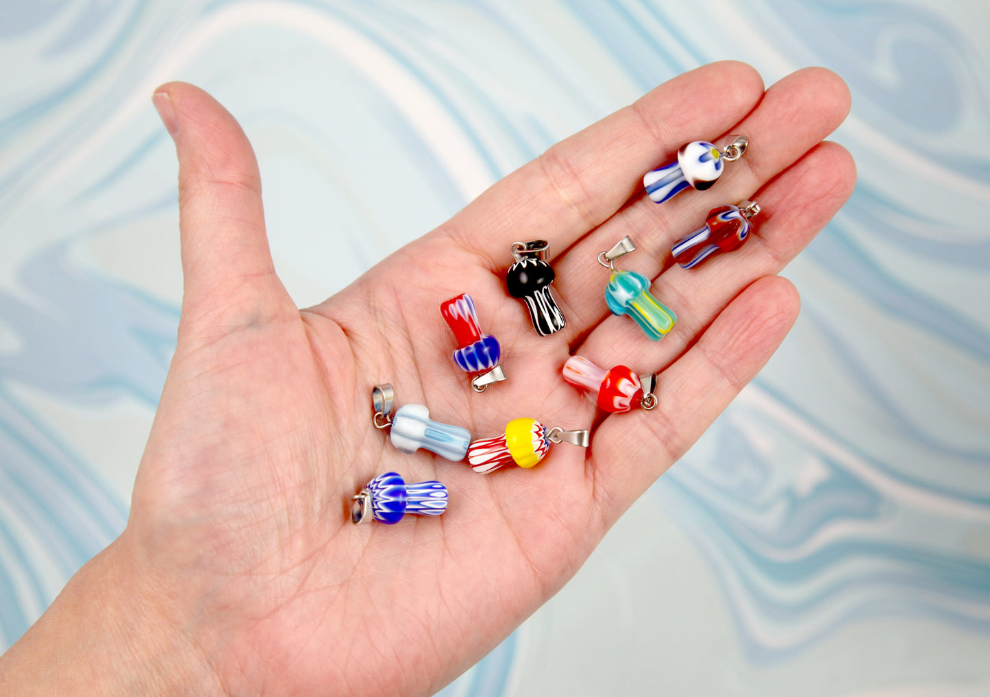 Millefiori Glass Mushroom Charms - 25mm High Quality Glass 3D Striped Floral Mushroom Charms - 6 pieces