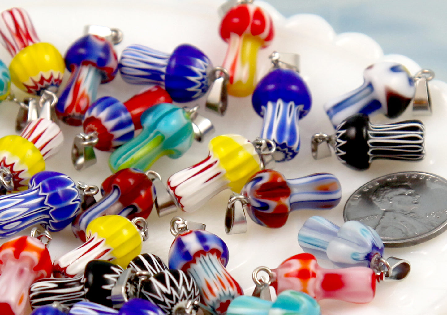 Millefiori Glass Mushroom Charms - 25mm High Quality Glass 3D Striped Floral Mushroom Charms - 6 pieces