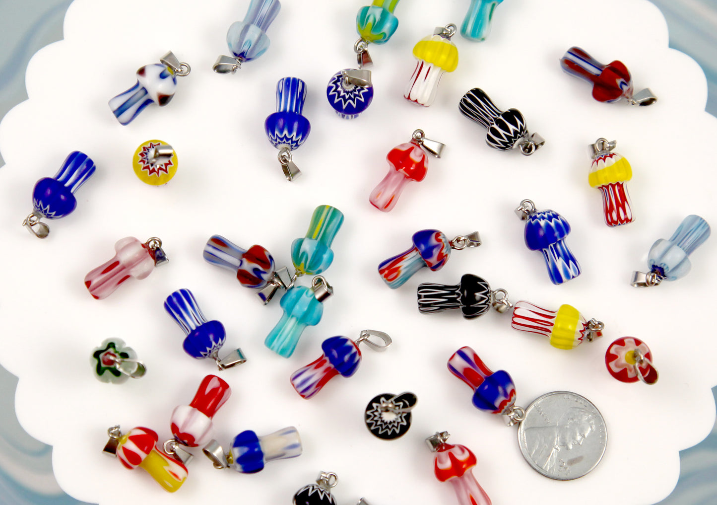 Millefiori Glass Mushroom Charms - 25mm High Quality Glass 3D Striped Floral Mushroom Charms - 6 pieces
